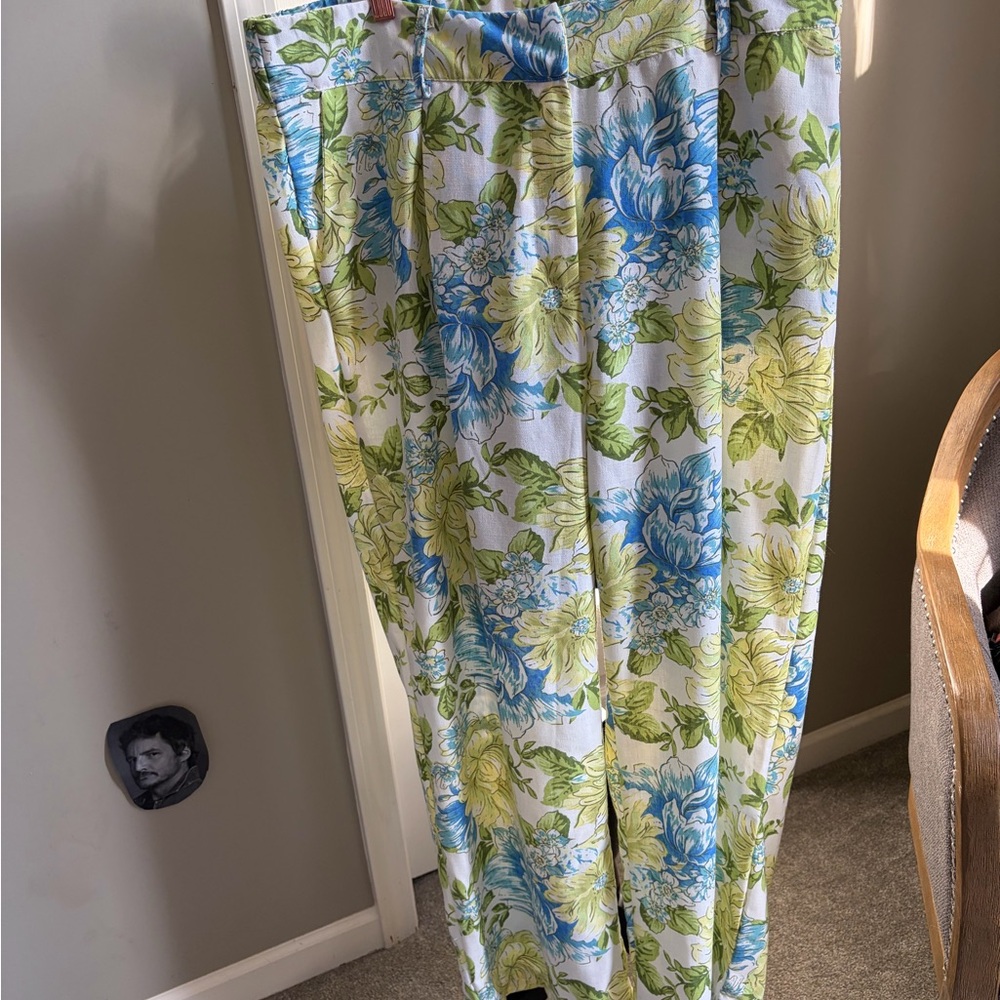 Cato Wide Leg Floral Pants in Blue, Green & White
